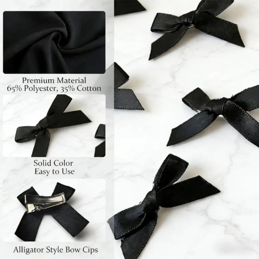 Black Solid Color Bow Hair Clips, Premium Polyester-Cotton Alligator Hair Clips for Women - Image 2