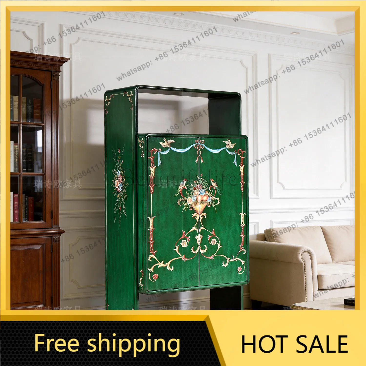 Factory Direct American Retro Painted Two Door Locker Green Double Door Floral Pattern Locker