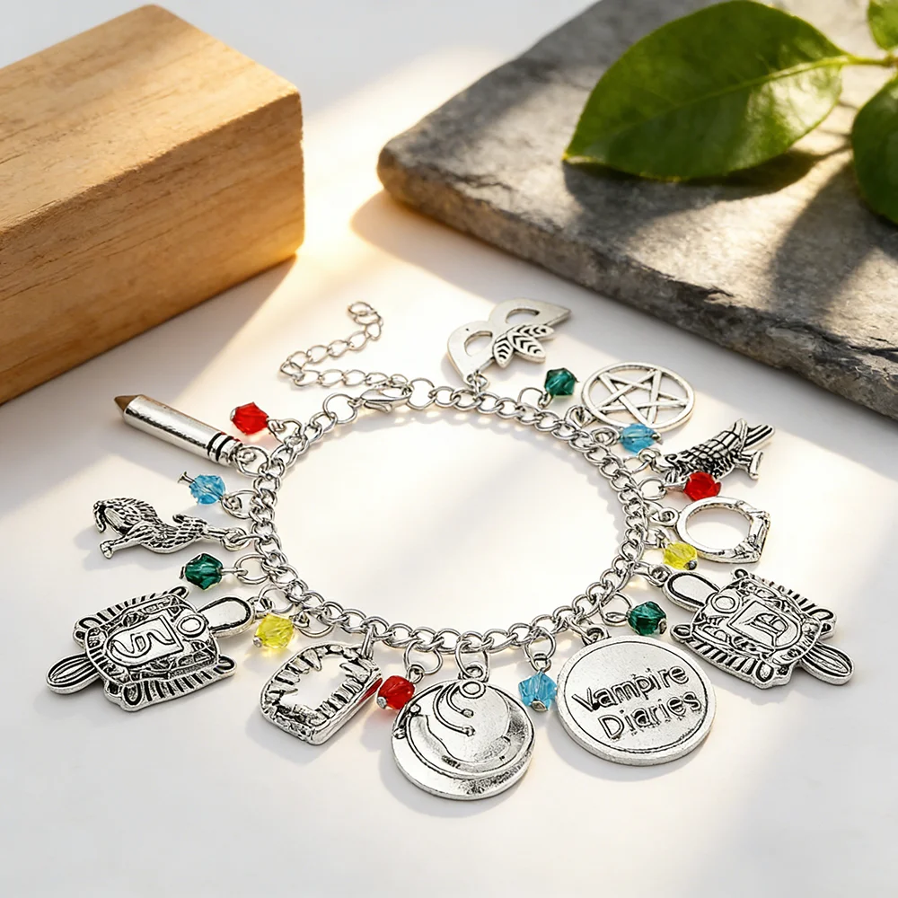 Hand Carved Jewelry The Vampire Diaries Inspired Charm Bracelet lena Stefan Damon Fandom Gift For Women Christmas Jewelry Gifts