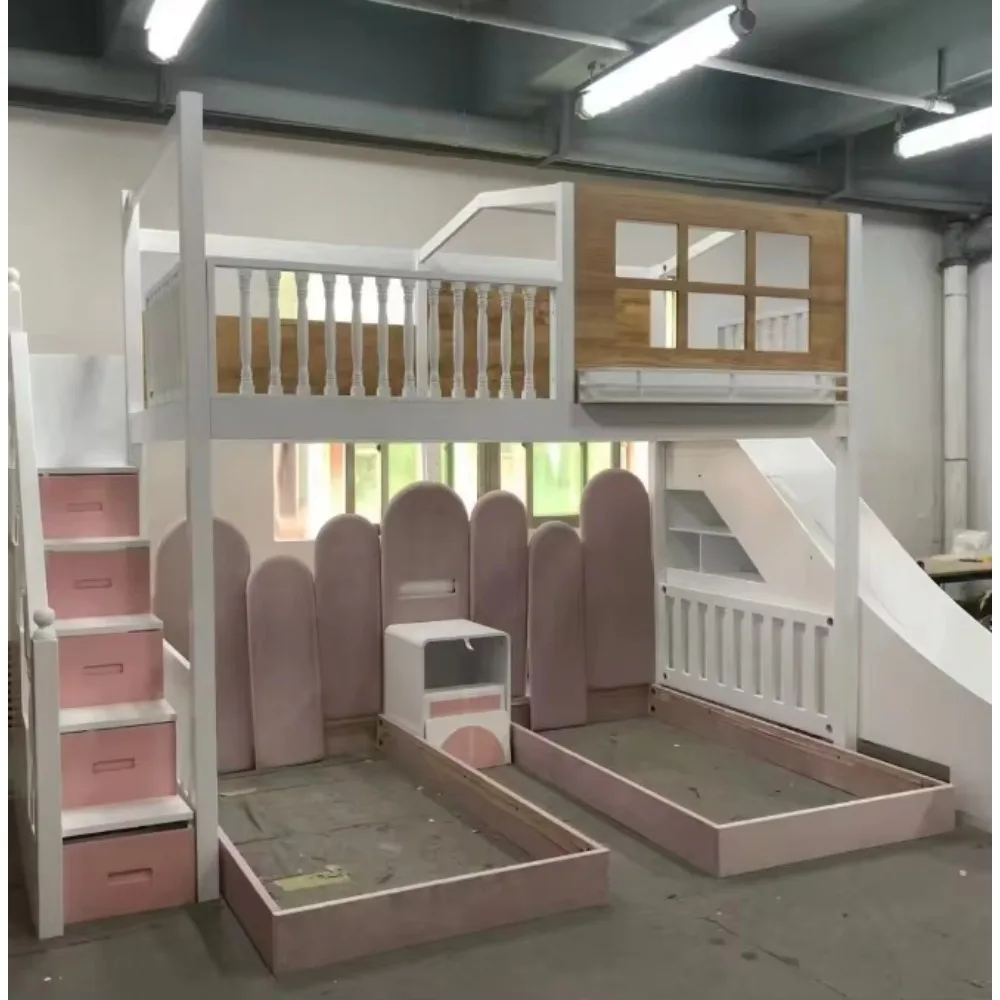 Eibele personalizado princesa crianças camas menina beliche crianças conjunto de cama móveis para meninas rosa quarto móveis com escada armário
