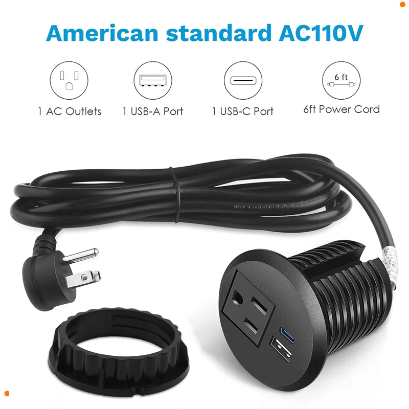 ABSY Power Outlet Desk Hole Recessed 2 Inch Desktop Power Grommet USB C PD 20W Fast Charging Station
