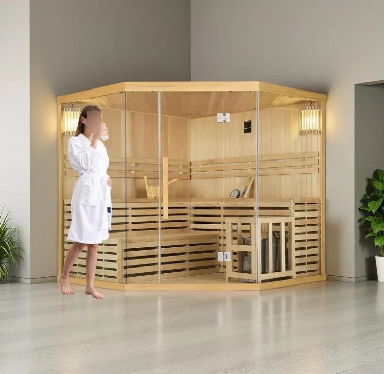 Indoor Wooden Sauna, 4-8 Person Canadian Hemlock Steam Sauna Room, Red Cedar Pentagon Design, Home Electric Sauna Room