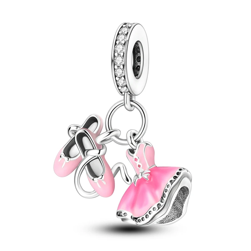 Elegant 925 Sterling Silver Ballet Shoes Dance Dress Charm Fit DlY Bracelet Necklaces Dancer Jewelry Accessories