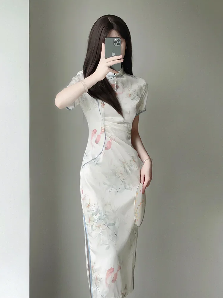 

Летнее женское платье Cheongsam, элегантное винтажное китайское платье Ципао с цветочным принтом, традиционная восточная одежда в стиле ретро, Cheongsam