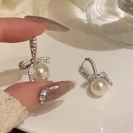 

Real 925 Sterling Silver Zircon Pearl Bowknot Hoop Earrings for Women Cute Fine Jewelry Minimalist French Accessories