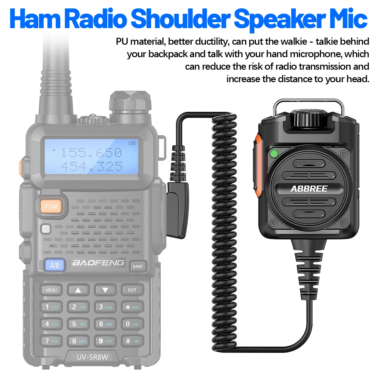 ABBREE AR-158 Speaker Mic Adjustable Volume Long Standby Battery Communication Car Radio Mic with Hanging Ring Road Trip Outdoor