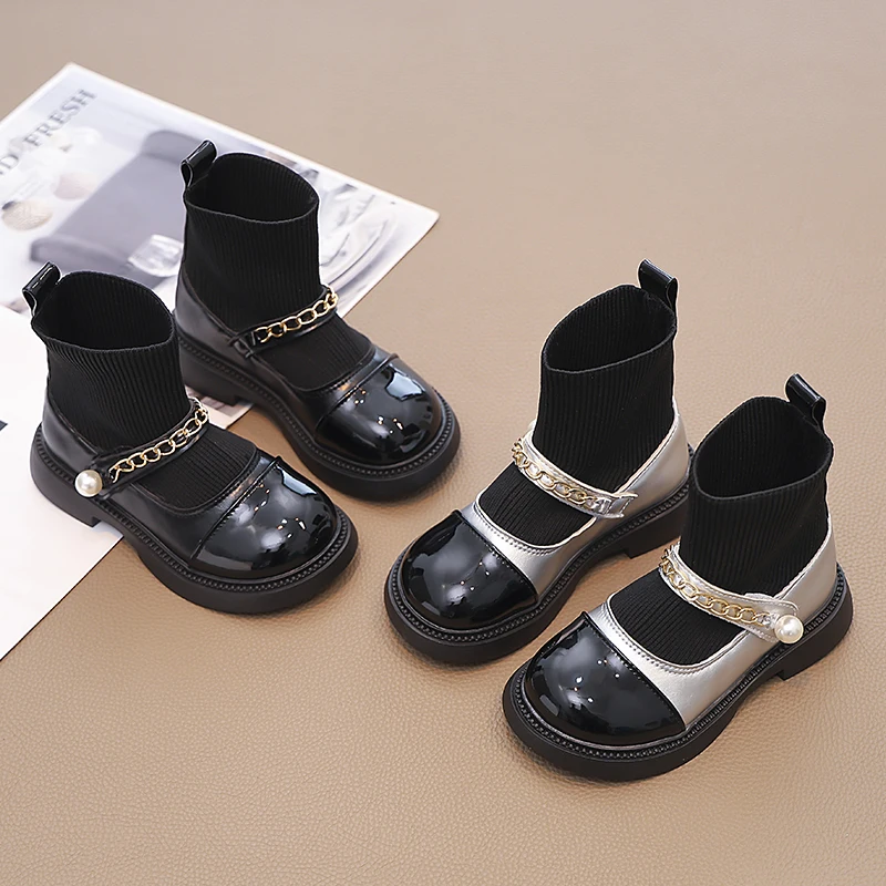 Girls Fashion Boots 2024 Autumn Winter Kids Socks Boots Children Sock Shoes Classic Metal Chains Patchwork Princess Sweet Soft