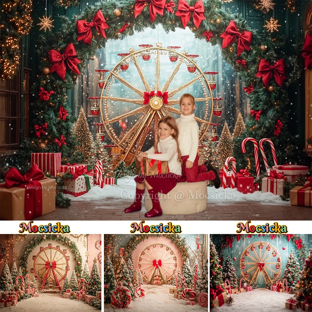 Christmas Ferris Wheel Background Photography Arch Xmas Wreath Gift Candy Cane Snowy Backdrop Decor Winter Kids Birthday Photo