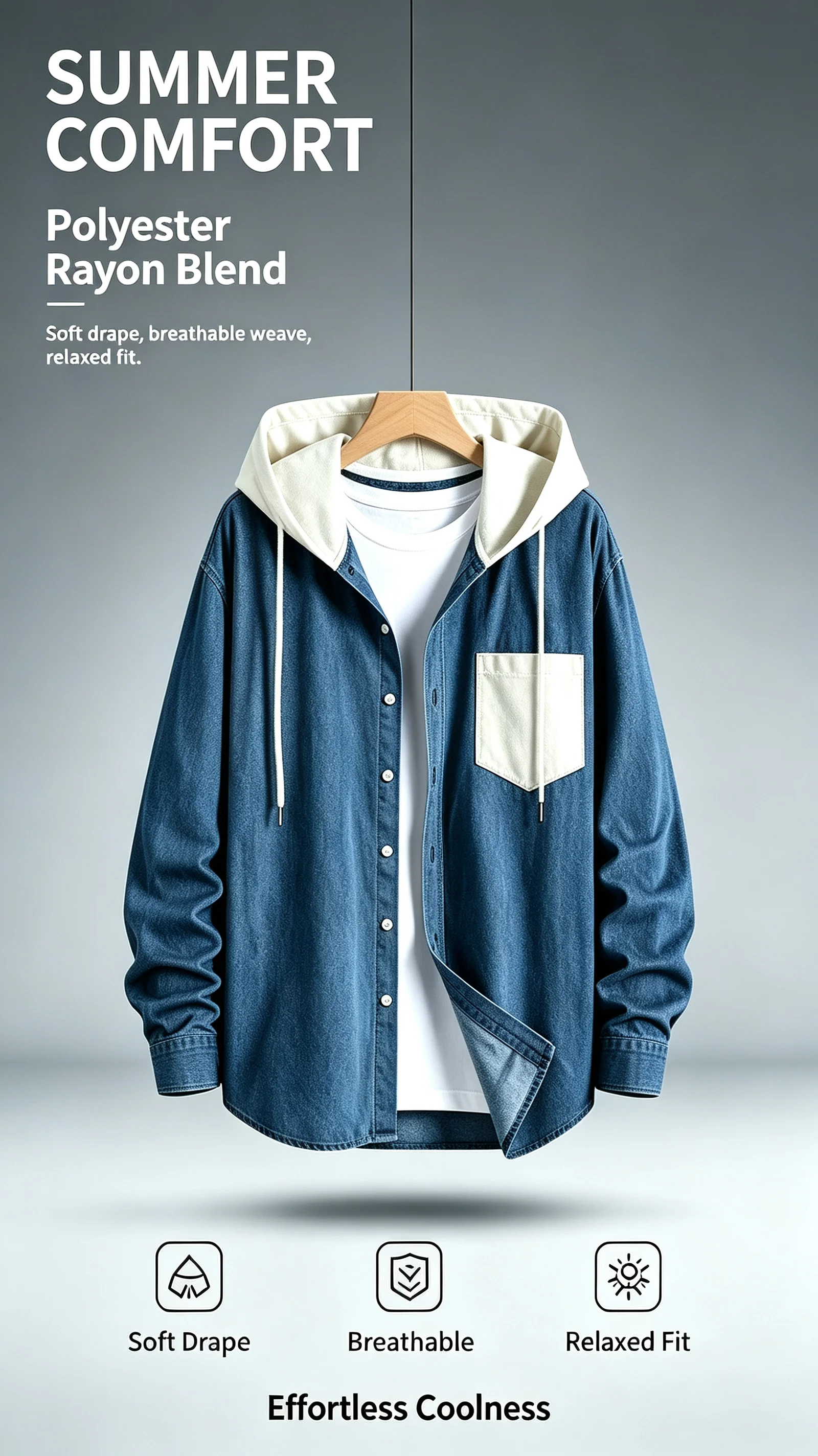Men Contrast Color Hooded Shirt Long Sleeve Single Pocket Breathable Loose Casual Outerwear For Daily Wear