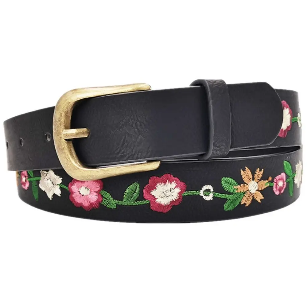 Retro Embroidery Flower Belt Casual Fashion Bohemian Style Waistband PU Leather Chinese style Embroidered Floral Belt