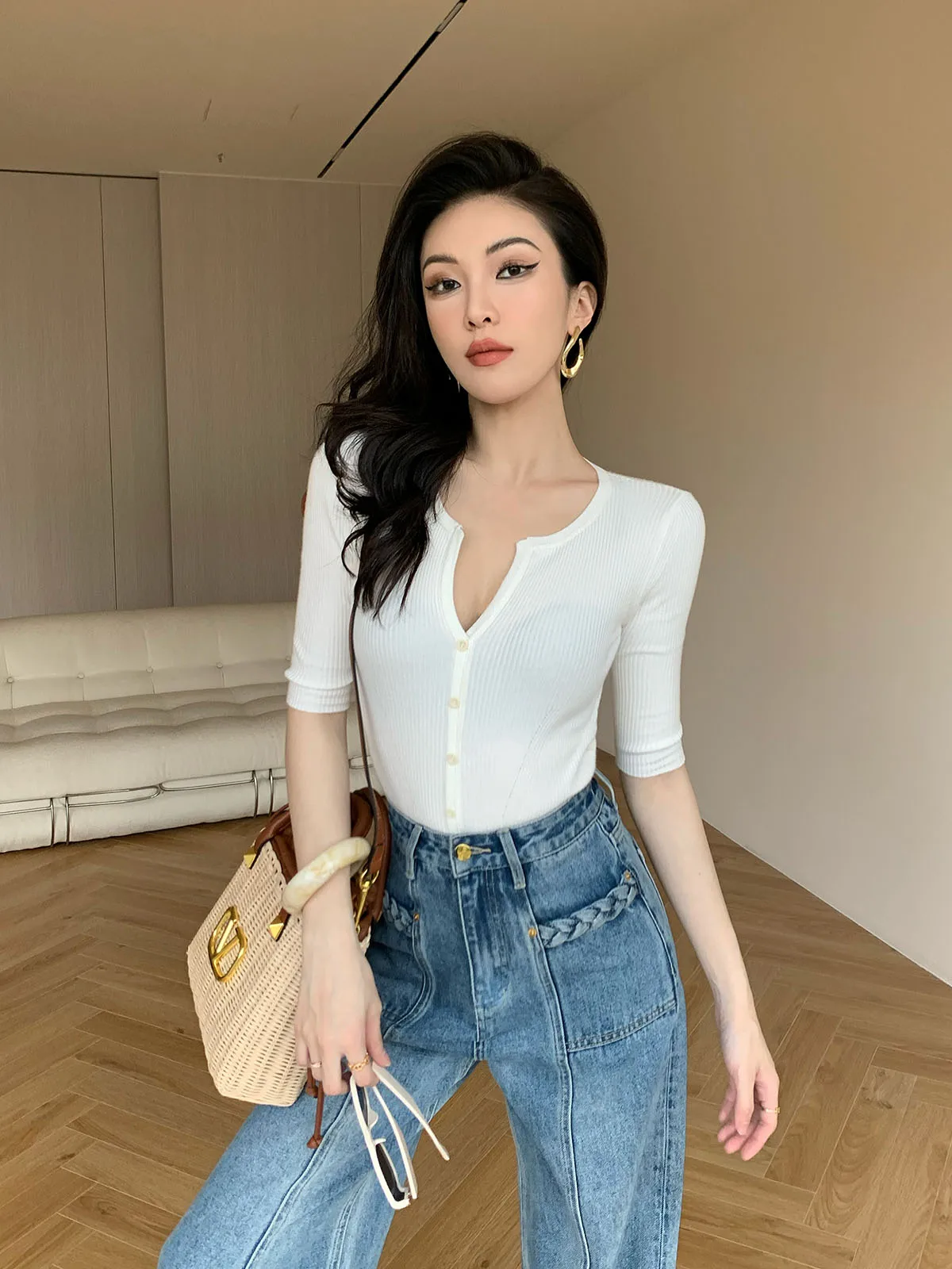 

Slim Fit Summer Knitwear V-Ne T-irt Women's Pure Color Casual Sle Medium Thin Long Sve Faionable Versatile Top