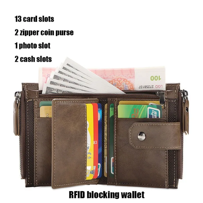 Men Retro PU Leather Wallet Zipper Coin Purse Multifunctional Card Holder RFID Anti-theft Brush Billfold
