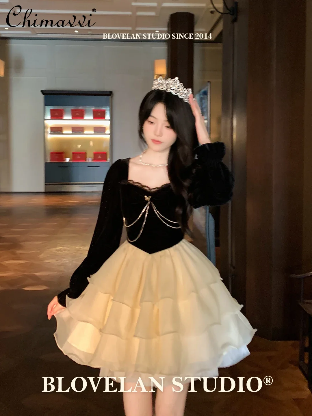 

French Elegant Socialite Velvet Splicing Organza Ball Gown Black Dresses Square Neck Long Sleeve High Waist Short Dress Women