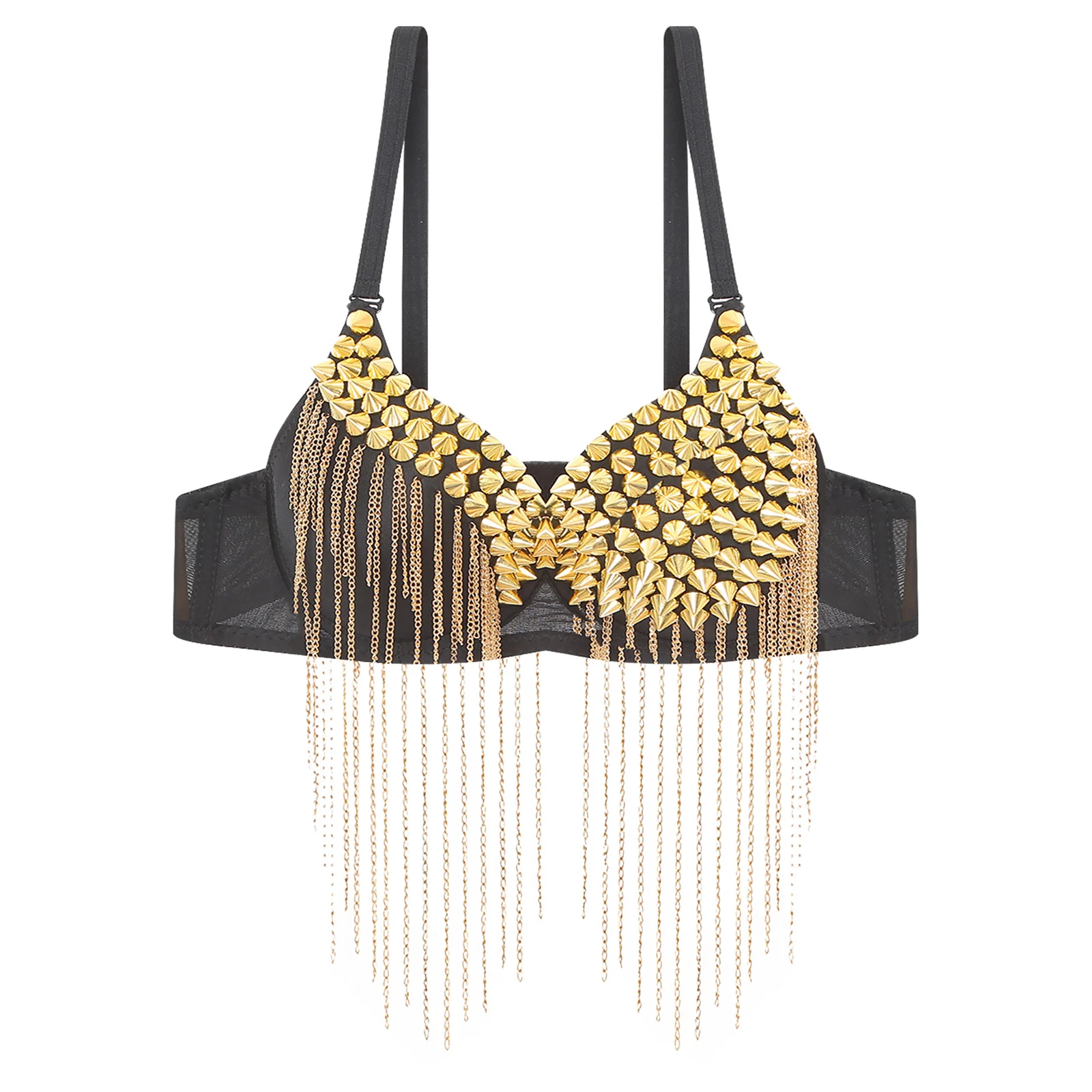 ผู้หญิงพู่ Bra Rivets CHAIN Tassels Bra Night Club เครื่องแต่งกาย JAZZ Dance Bra Tops เทศกาลดนตรี PARTY Crop TOP Bra