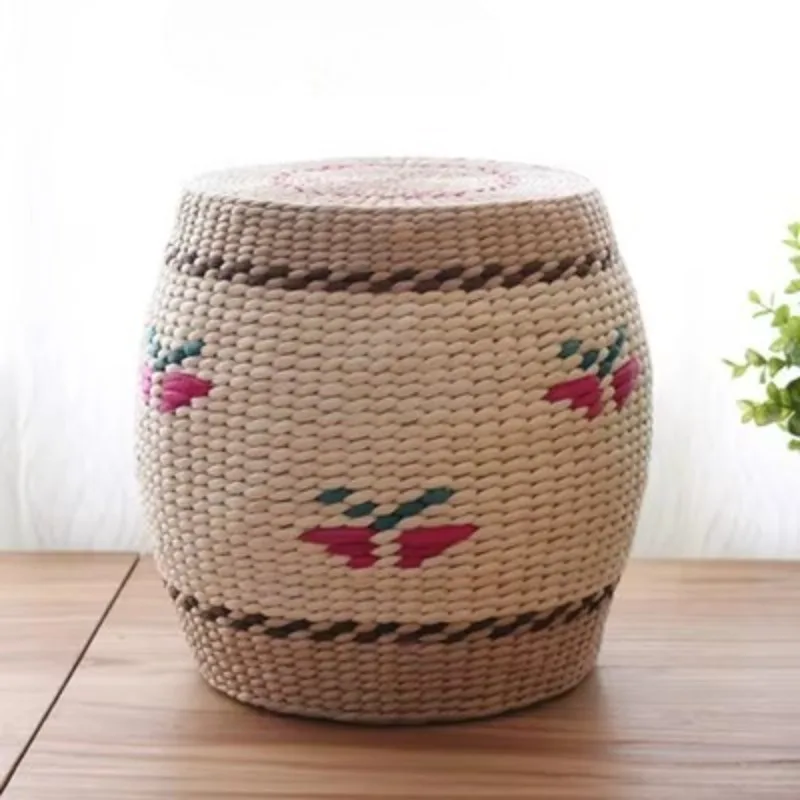 Simple Handmade Small Stool Fashion round Shoe Bench Creative Grass Woven Ottoman Multi-Functional Low Footrest