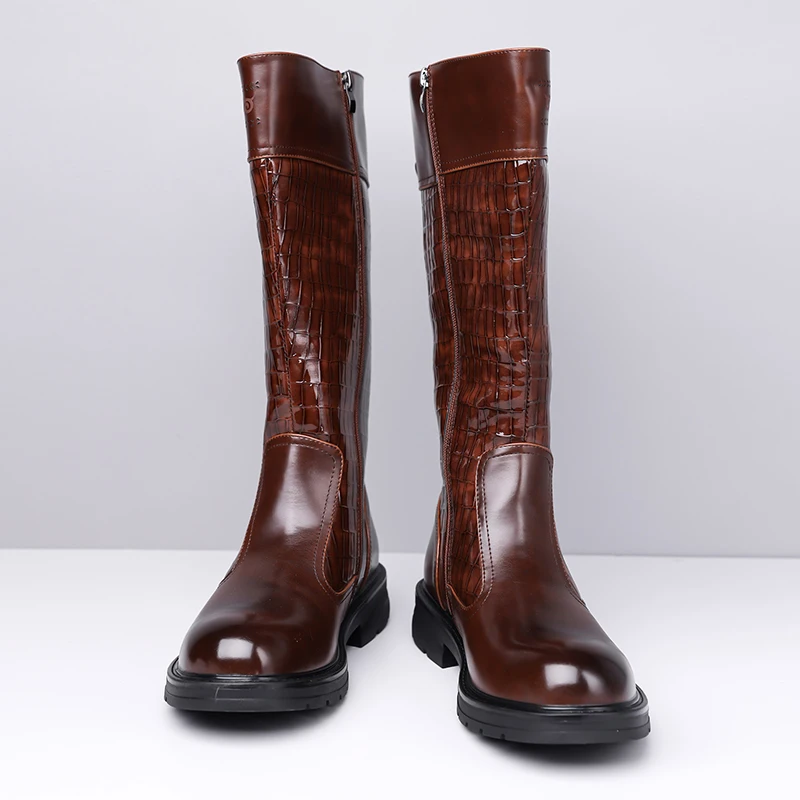 

PopularMen High-end Long Boots with Side Zipper Splicing Added Anti Slip Stone Patterns Fashionable Avant-garde Motorcycle Boots