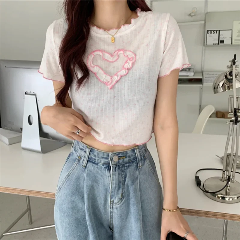 Women Korean Chic Polka Dot Printed Slim Fit T-shirts Girlish Style Cute Heart-shape Short Sleeve Crop Tops Female Casual Tees