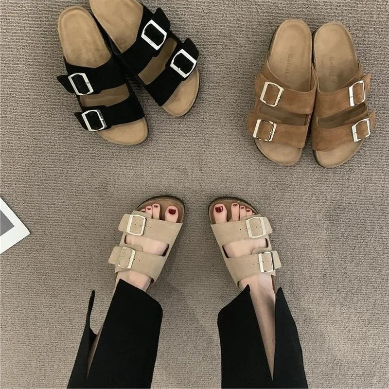 2024 New Summer Women\'s Slippers Fashion Nubuck Birkenstocks Women Cork Slipper Casual Beach Double Buckle Non-slip Slides