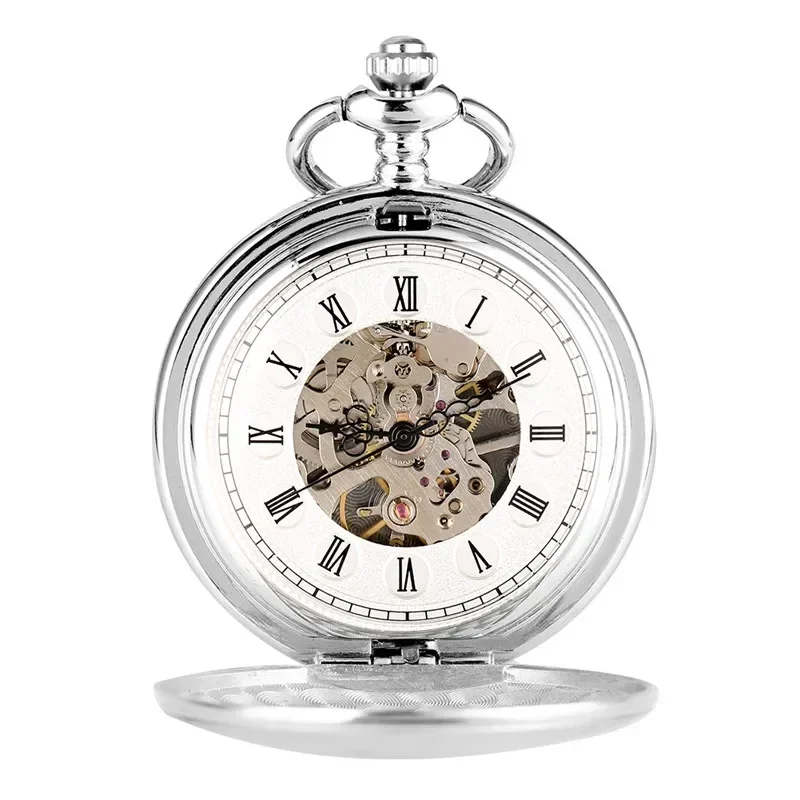 Silver Pocket Watch Smooth  Double Open Hunter Unisex Hand-winding Mechanical Pendant Watches Roman Number FOB Chain Gift