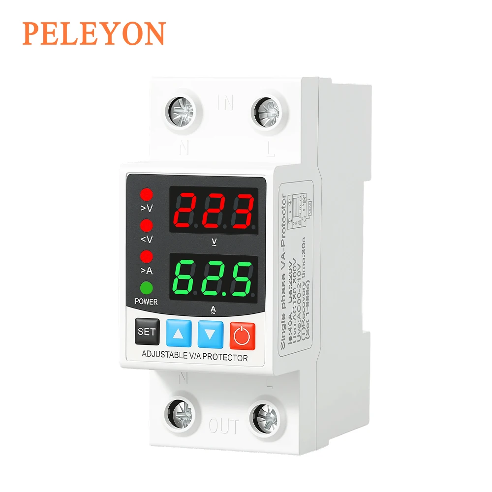DIN Rail 40A 63A 80A 220V 230V Dual Display Adjustable Over Voltage Current And Under Voltage Protective Device Protector Relay