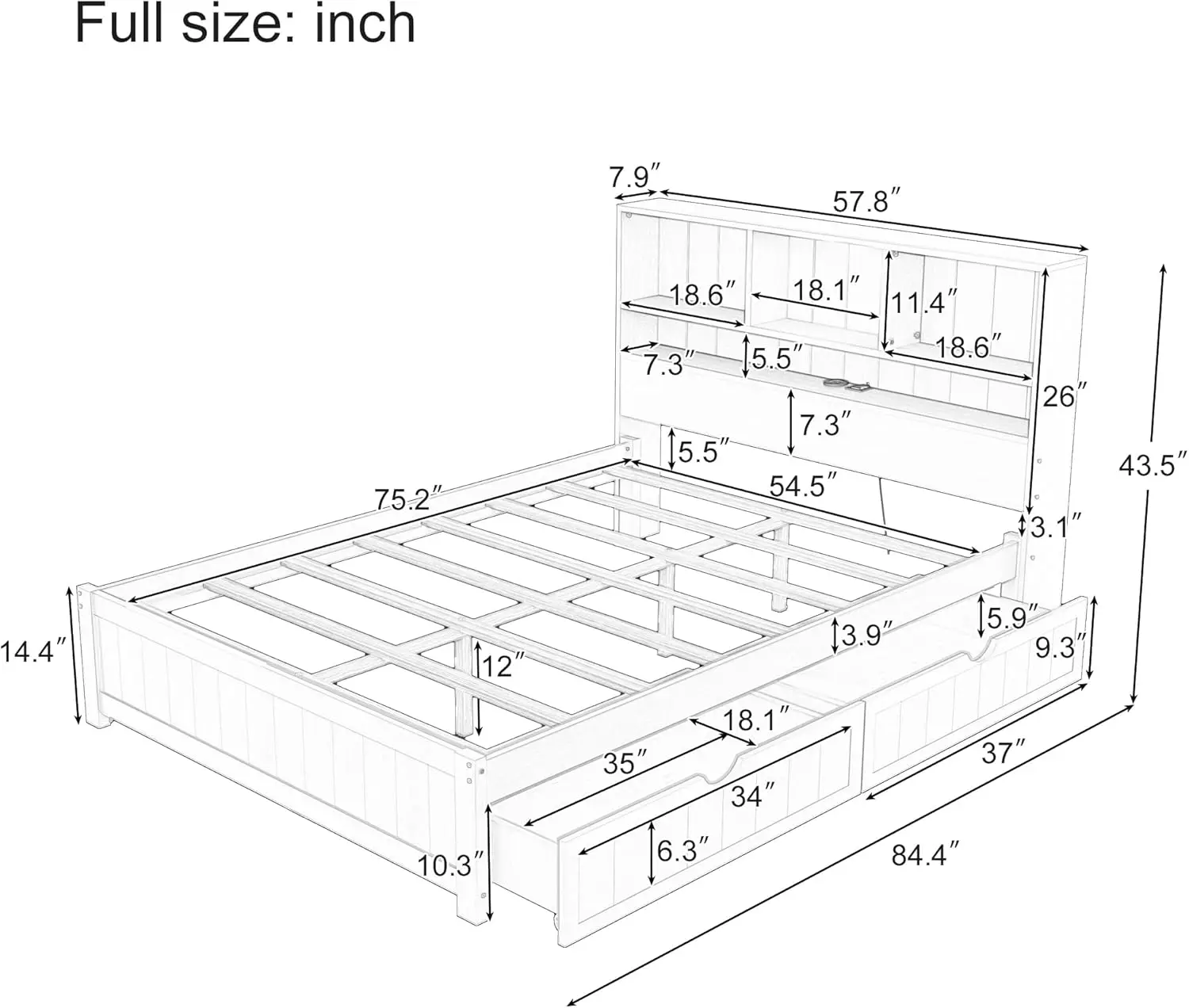 Bed Frame with Charging Station Wood Platform Bed with Bookcase Headboard Built-in Downlight and 2 Drawers No Box Spring Needed