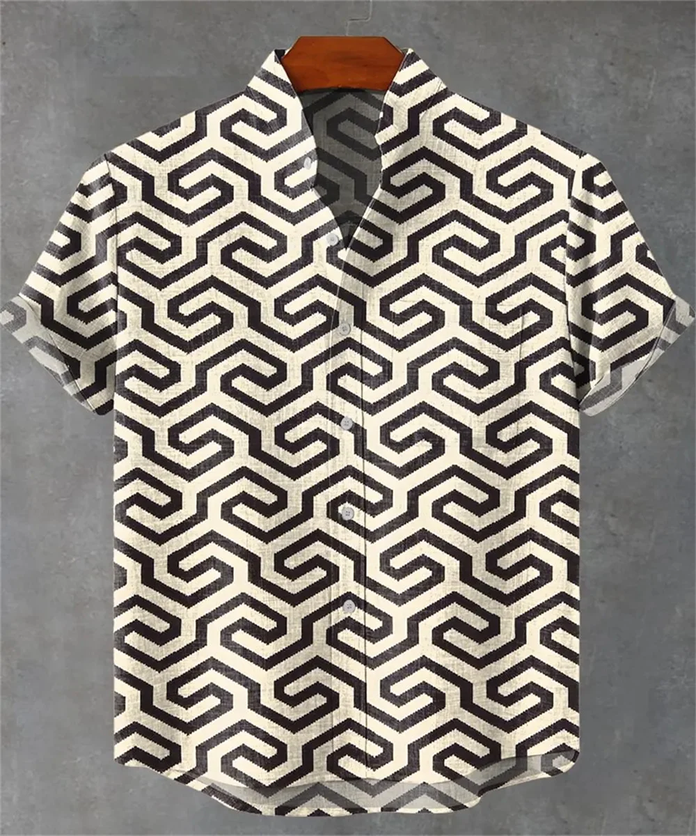 Mens Summer 2025 Comfortable Linen Short Sleeve Shirt Elegant Symmetrical Graphic Print Mens Casual Stand Collar Top