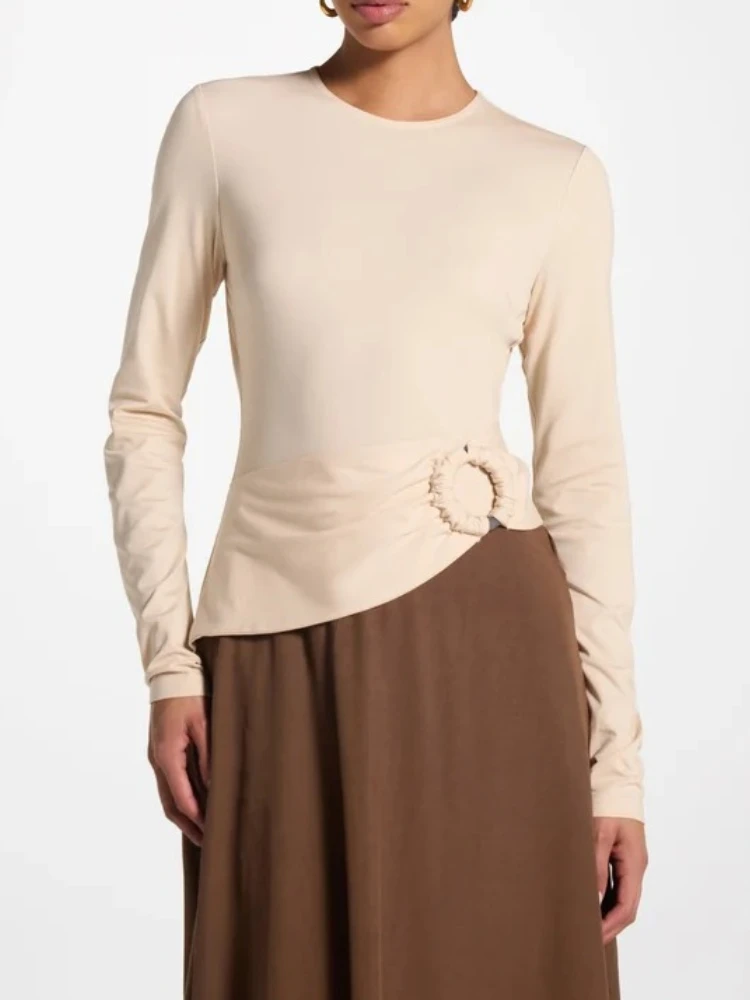 Customized Elegant Beige Round‑Neck Long‑Sleeves Ring‑Knot Waist Floor‑length Dress 2026 New Women Modest Formal Evening Dresses