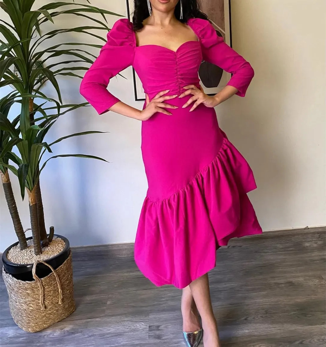 

Customized Short Crepe Evening Dresses Long Sleeve Mermaid Pleated حزب اللباس Tea Length Prom Dresses for Women