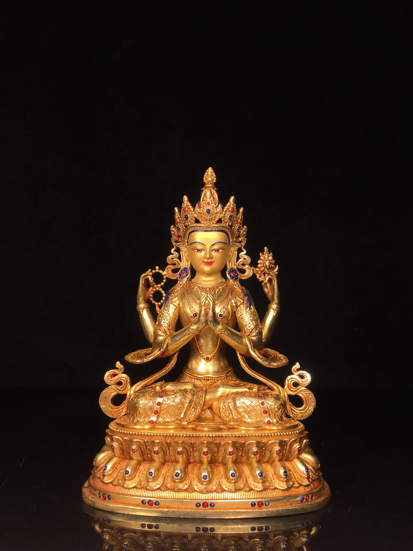 Old Bronze Gilded Painted Face Mosaic Gem Four armed Guanyin Sitting Buddha Lotus Terrace Worship Hall Town house