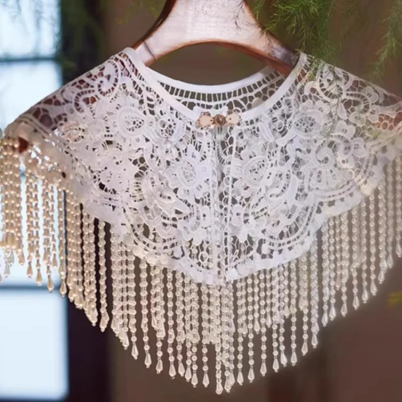 Cheongsam Cloud Shoulder New Chinese-style Pearl Tassel Shawl Waistcoat Chinese-style Hanfu Collar Heavy Retro Lace Fashionable