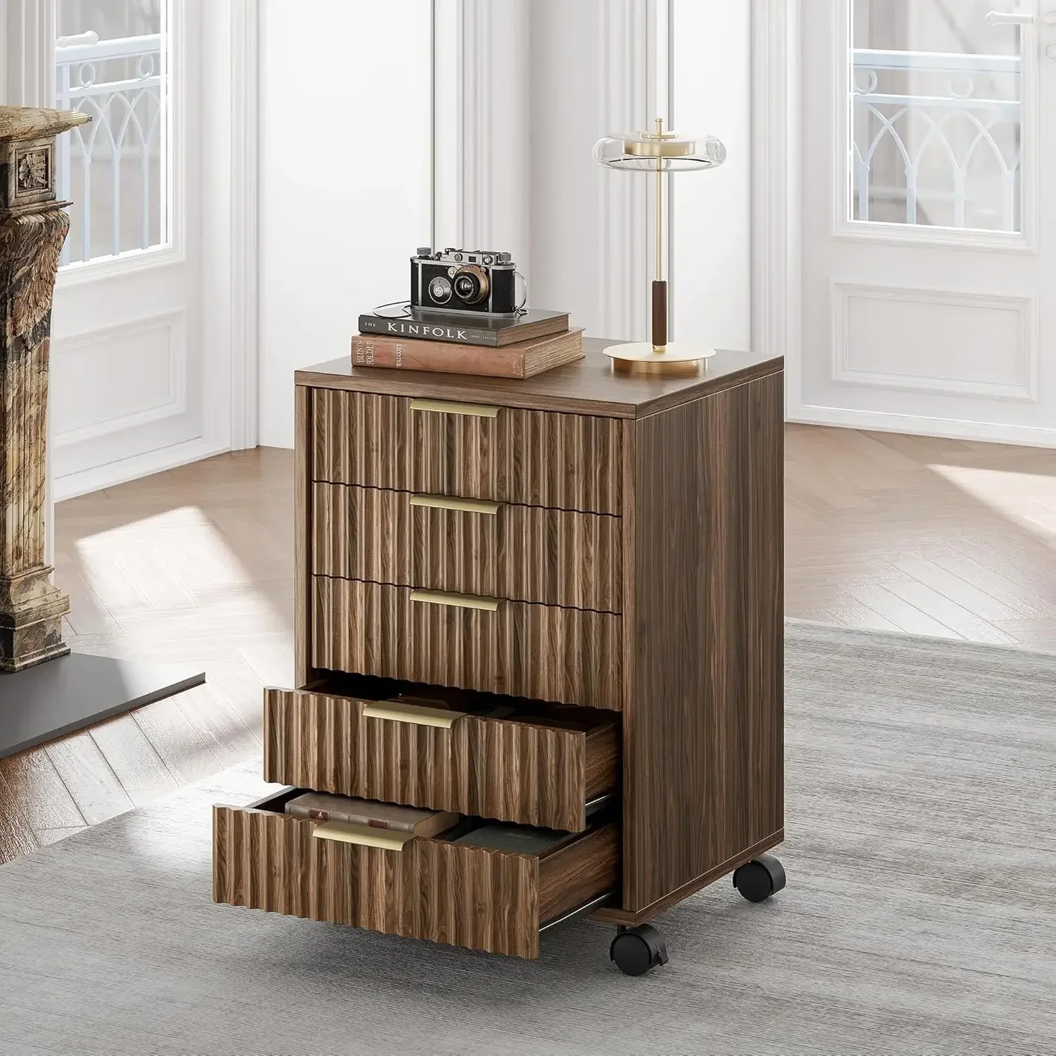 5 Drawer Chest, Under Desk Storage Wood Drawers with Wheels, Fluted File Cabinet for Home Office, Black Walnut
