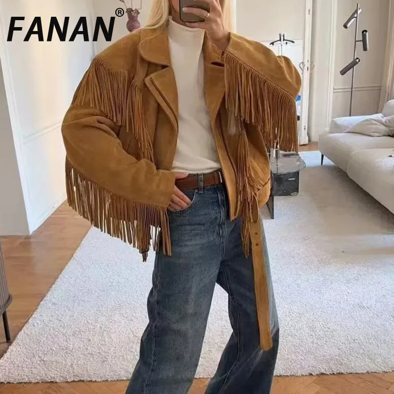 

FANAN однотонная винтажная куртка со сращенными поясами для женщин, с лацканами и длинными рукавами, лоскутное свободное модное пальто с кисточками, женское новое