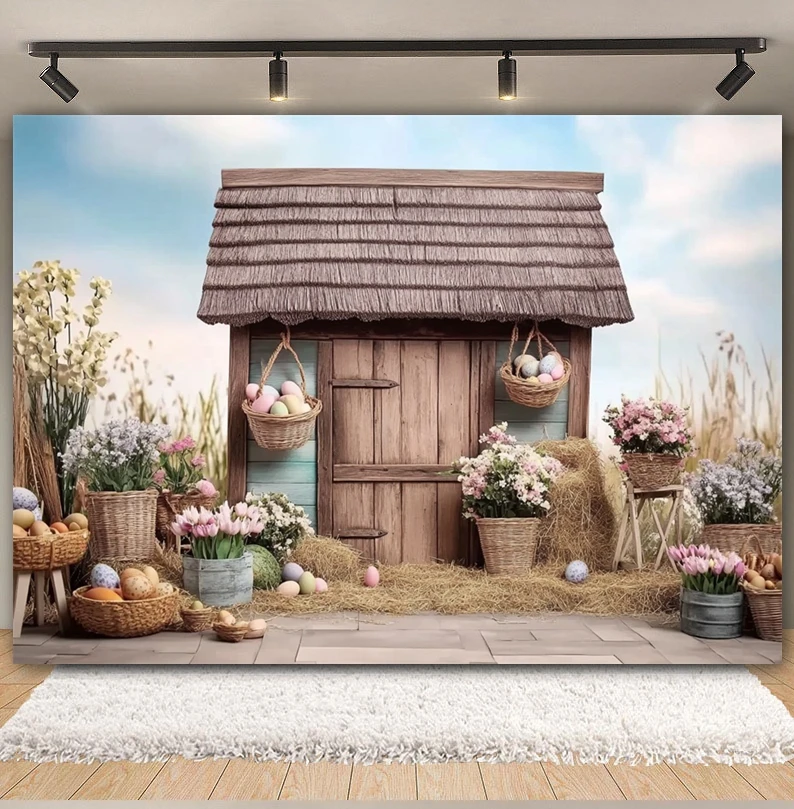 Spring Easter Egg Farm House Photography Background Floral Barn Cottage Baby Shower Birthday Party Decor Photoshoot Backdrop