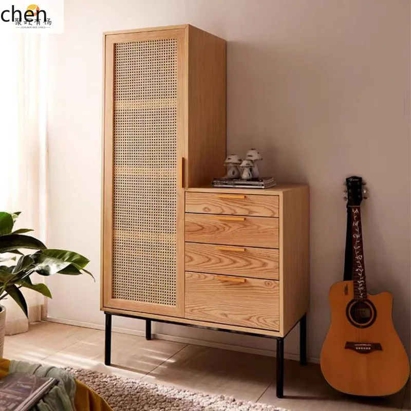HXL Rattan Woven Homestay Solid Wood Wardrobe Grid Single Wooden Door Four-Drawer Rattan Wardrobe