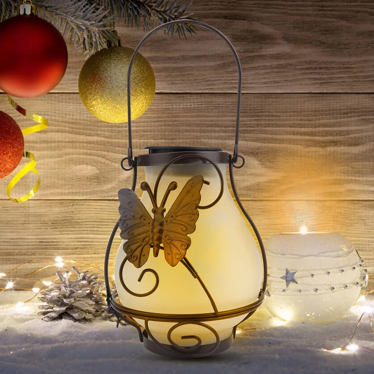 Lanterna solare Lampada a sospensione in vetro metallico per giardino esterno Cortile Patio Decor Lampada da giardino solare impermeabile Paesaggio