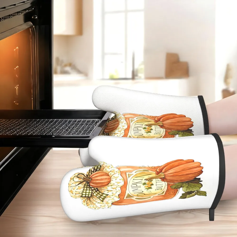 2-Pack 10.6 X 6.7-Inch Thanksgiving Pumpkin Theme Oven Mitts Heat Resistant Non-Slip Suitable for Carnival Kitchen