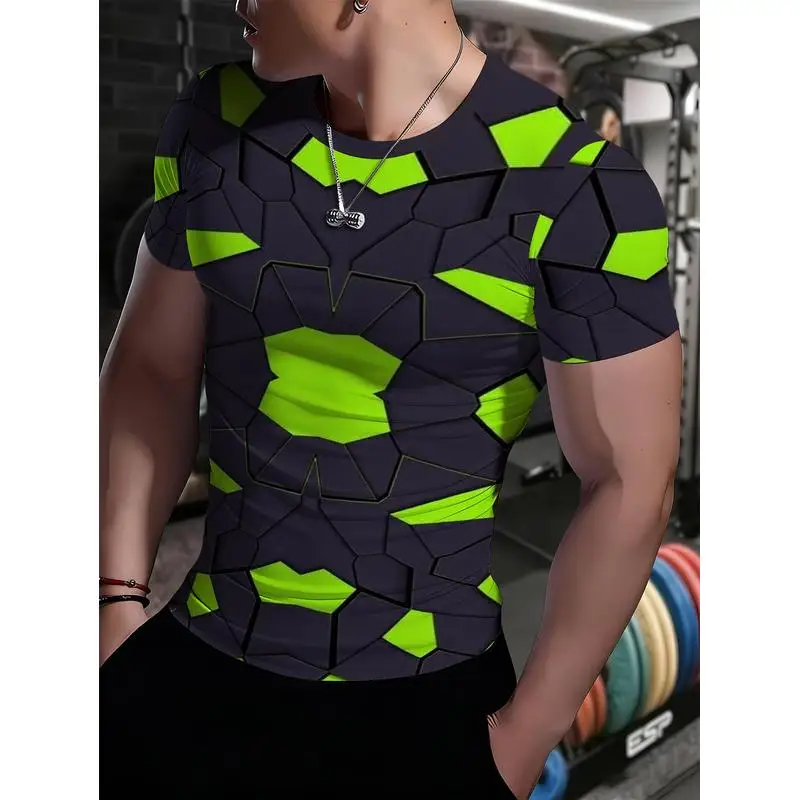 Outdoor Multifunctional Men's Stretch Athletic T-Shirt Trendy Geometric Print Body-Hugging Fitness Top Quick-Dry Moisture-Wickin