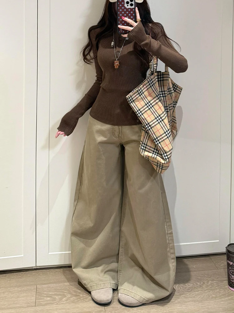 

American Style High Waist Wide Leg Jeans Women's Summer New BF Lazy Washed Denim Pants Draping Narrow Version Pure Color