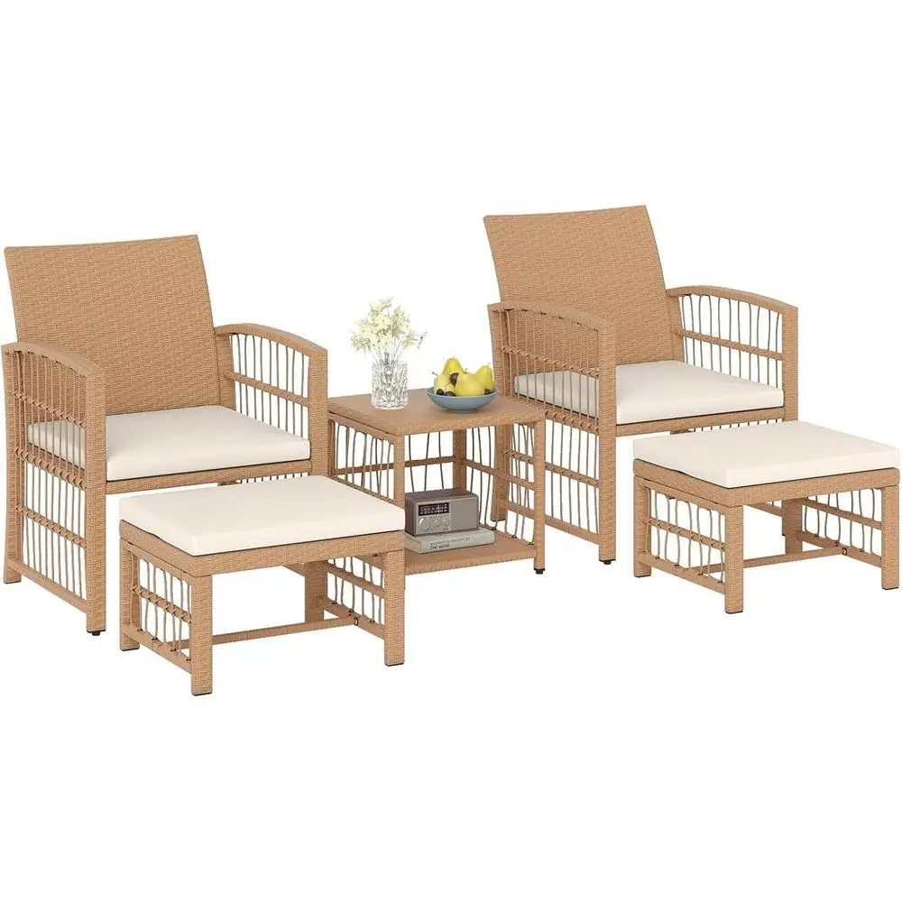 5 Pieces Patio Wicker Contion Set, Outdoor urniture Set with 2 Armchairs, 2 Ottomans & 2-Tier Side Table, Outside Rattan Cushion