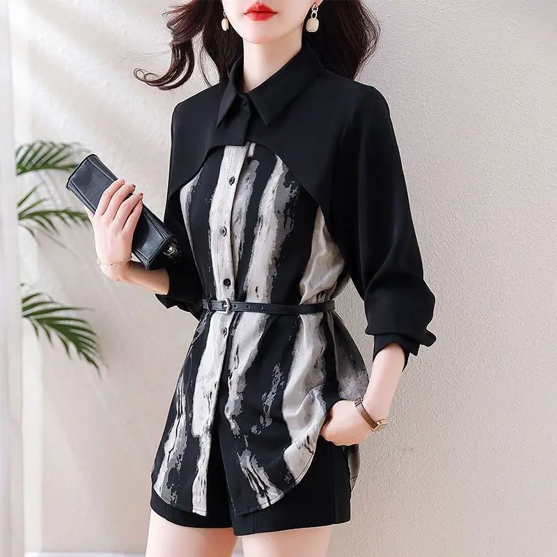 Immagine 4: Camicie lunghe polo patchwork vintage graziose da donna Primavera Estate Lady Chiffon Moda Camicetta nera 2025 Nuove magliette femminili