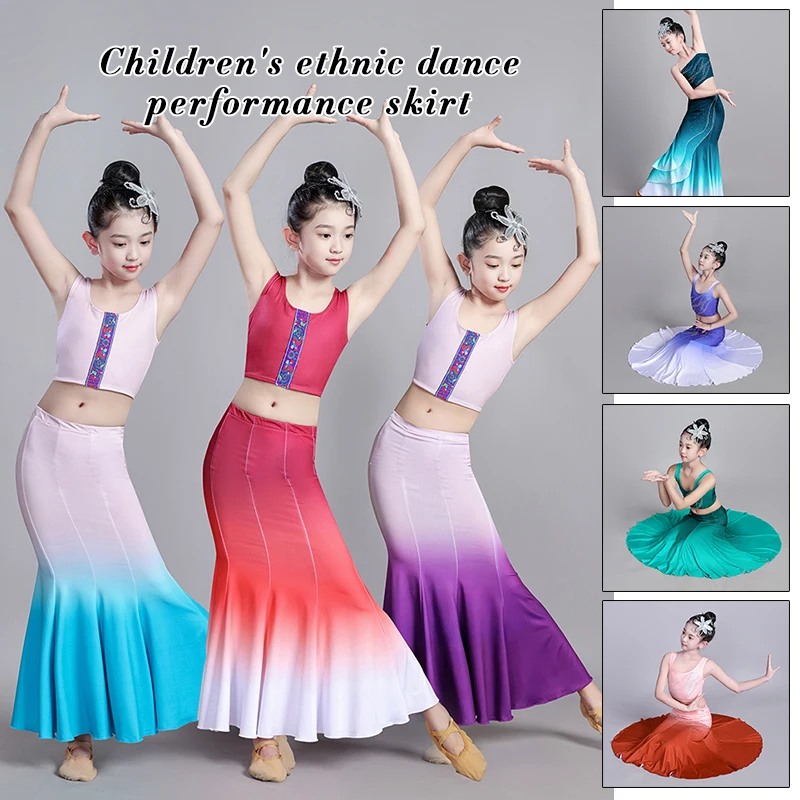 Trajes de dança folclórica chinesa para crianças, roupas de dança Dai, saia rabo de peixe, pavão elástico, collant collant