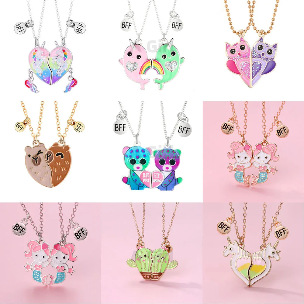 A Girl 2Pcs/set Cartoon Animal Series Unicorn Mermaid Capybara Pendant Best Friend Necklace BFF Friendship Jewelry Gifts