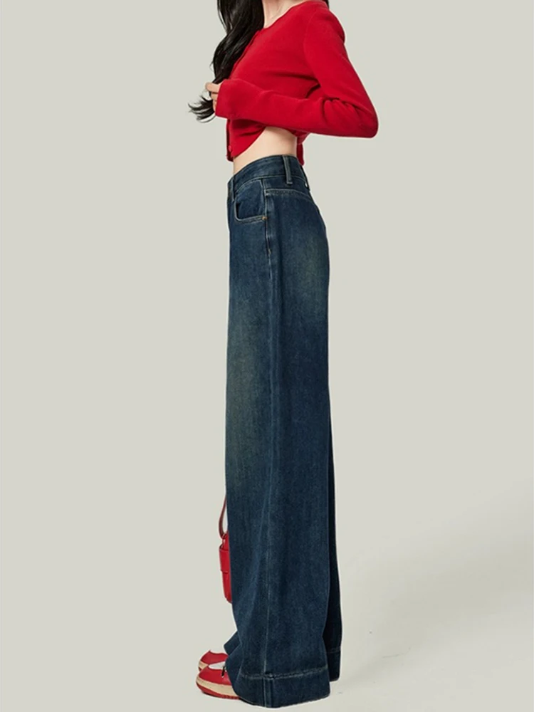 New Retro Blue High Waist Women Jeans New Slim Fashion Woman Jeans Blue Street Casual Loose Wide Leg Pants Female Chicly