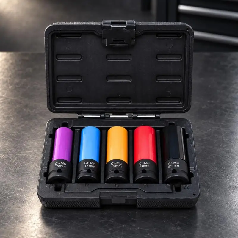 Thin-Wall Wheel Protector Impact Socket Set with Protective Outer Sleeves, Steel Construction, and Storage Case for 24BB
