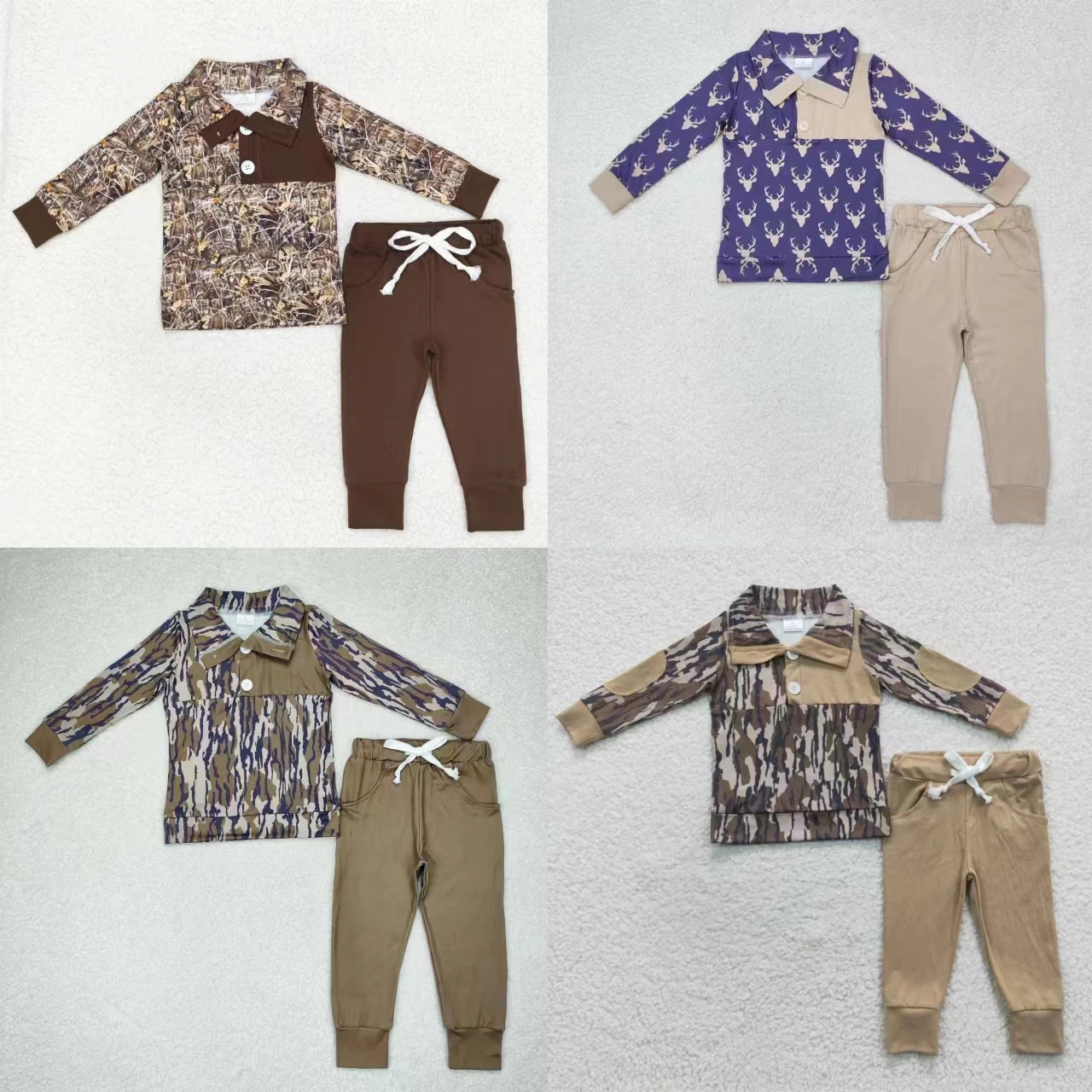 Wholesale Baby Boy Camo Deer Long Sleeves Buttons Pullover Shirt Children Pocket Cotton Pants Sets Toddler Kids Outfit Clothing