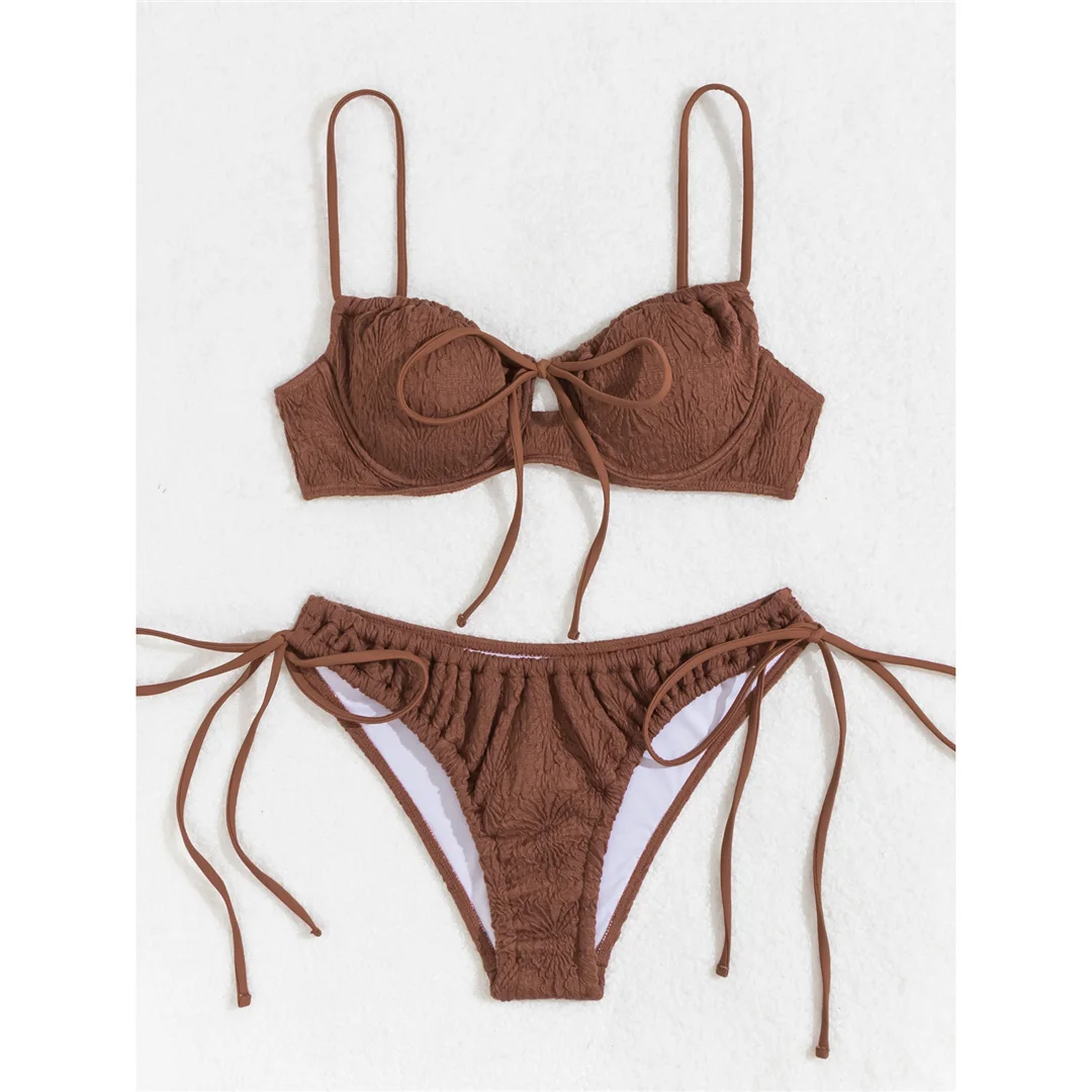 Gefalteter, mit Bügeln versehener, hoch geschnittener Bikini, Damen-Badeanzug, zweiteiliges Bikini-Set, Badebekleidung, Badeanzug, Modell V5807. – Detail 12