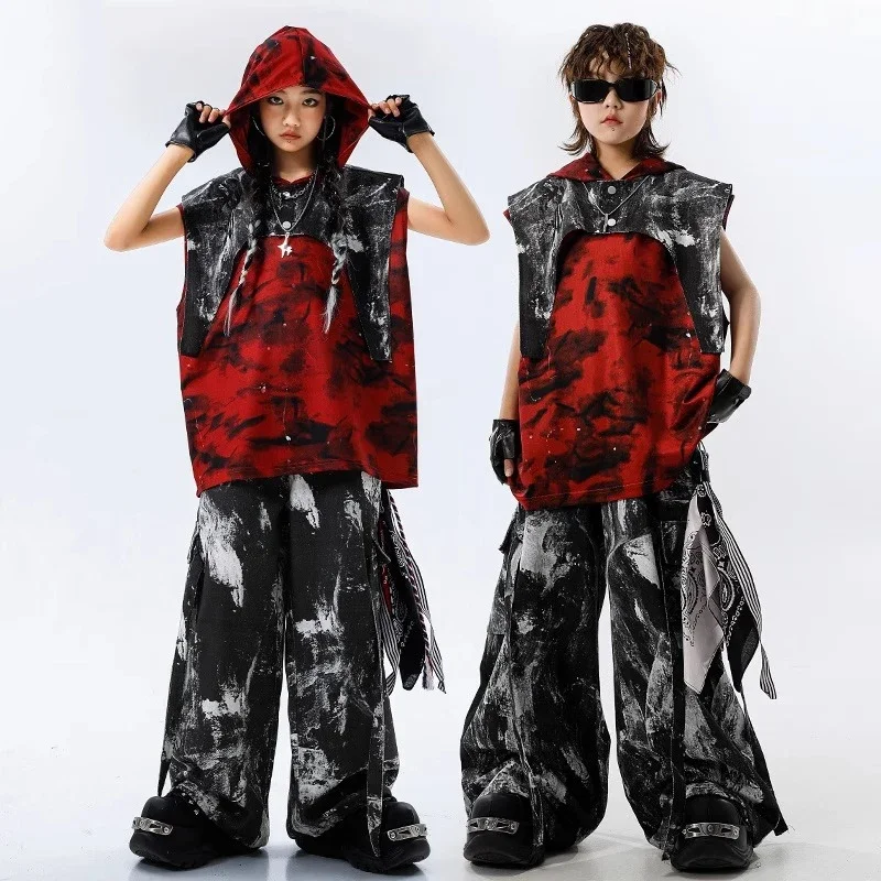 

Cool Kids Street Dance Costumes Red Hoodie Hip Hop Shuffle Pants Boys Girls Fashion Show Performance Stage Wear Jazz Outfits