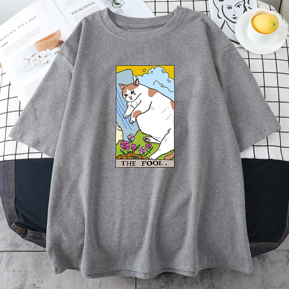 The Fool Sad Cat Meme Print Mens Short Sleeve Street Hip Hop Tops Personality Casual Cotton Tee Clothing Creativity Man T-Shirts