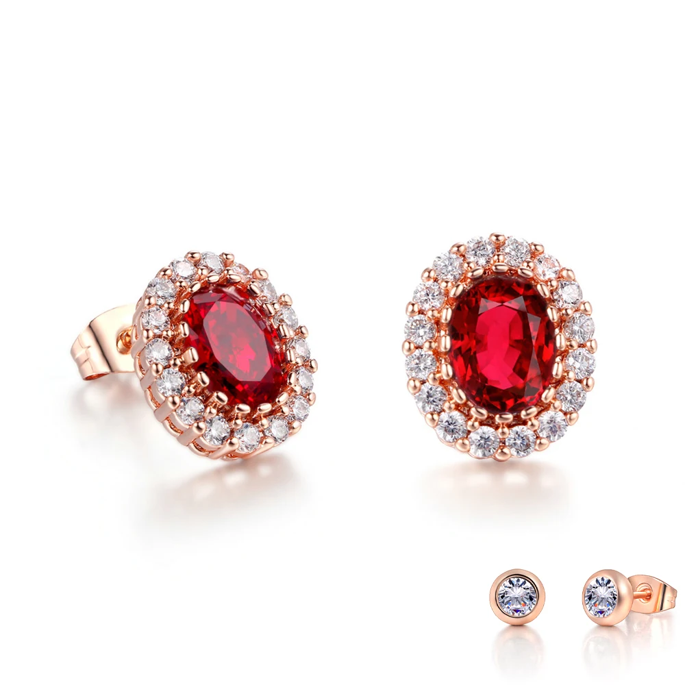 Simple Red Blue Green Crystal Stud Earrings for Women Rose Gold Color Ear Piercing Wedding Party Fashion Jewelry Female Gift