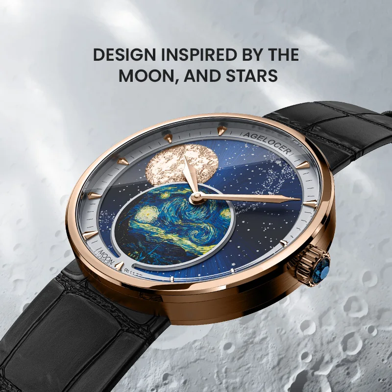 AGELOCER Original Astronomer Watch Van Gogh Oil Painting Women's Luxury Quartz Moon Phase Watch Birthday Gift for Women